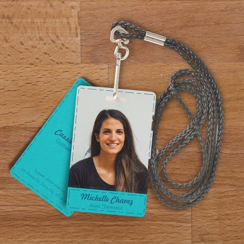 Professional Turquoise Stitched Faux Leather Photo Badge