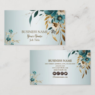 Professional Turquoise White Flower Golden Leaves Business Card