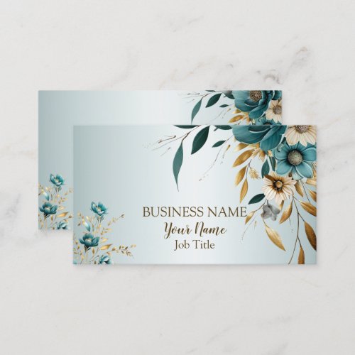 Professional Turquoise White Flower Golden Leaves Business Card
