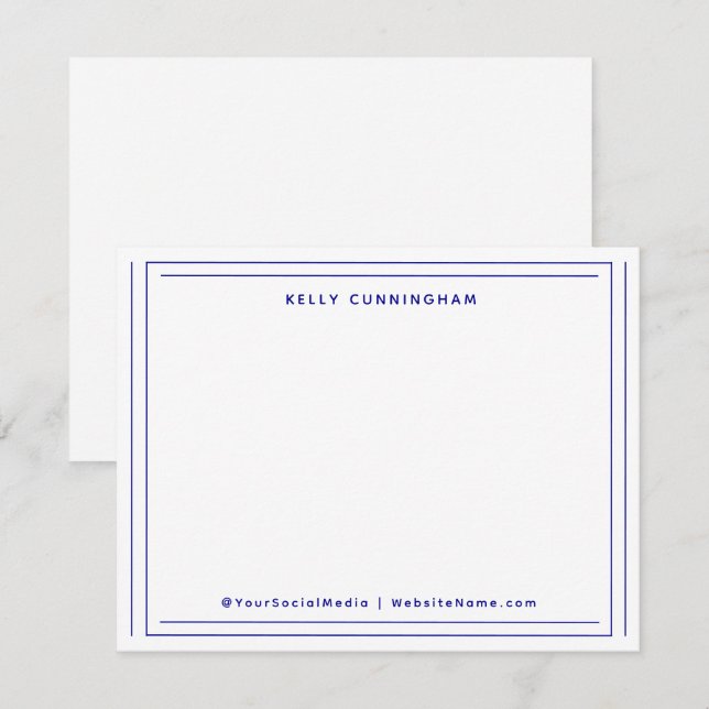 Professional Two Border Monogram Dark Blue Flat Note Card (Front/Back)