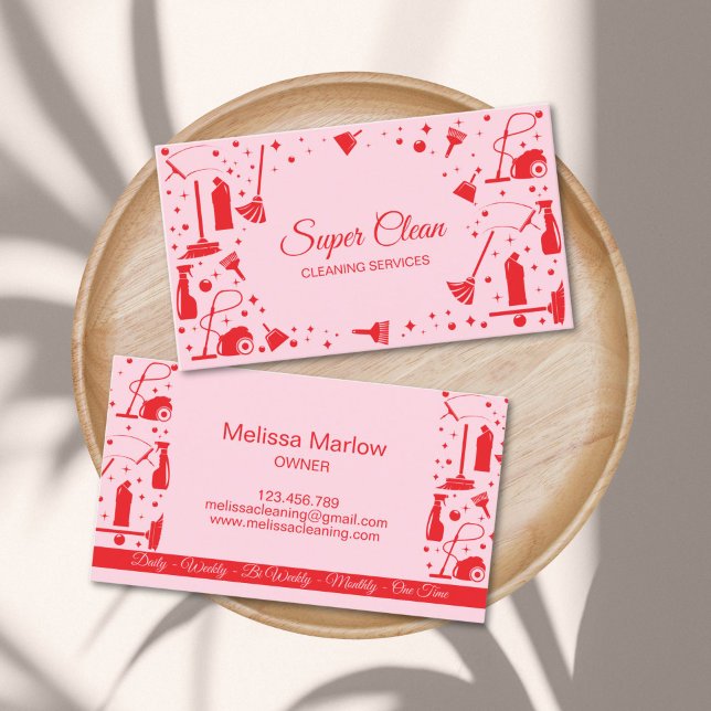 Professional Unique Maid House Cleaning Services Business Card (cleaning services logo business cards, red and pink)