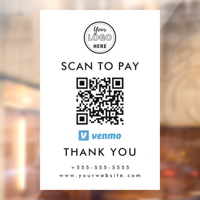 Professional Venmo QR Code Scan to Pay Logo White Window Cling (Sheet 2)