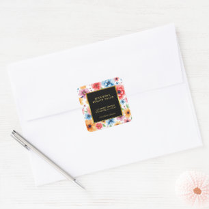 Professional watercolor flowers return address square sticker