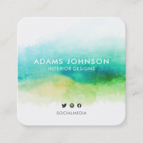 Professional Watercolor Greenery Abstract Square Business Card