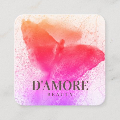 Professional Watercolor Holography Pink Butterfly Square Business Card