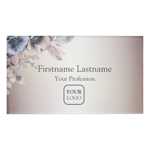 Professional Watercolor Pastel Blue Beige Flowers Name Tag