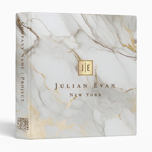 Professional White Agate Gold Qr code Monogram 3 Ring Binder (Front/Spine)