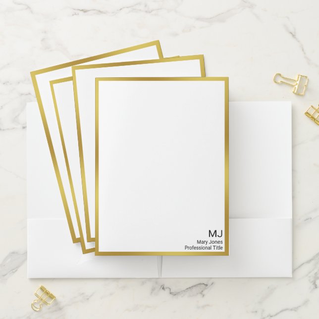Professional White and Gold Name Title Monogram Pocket Folder (In Situ)