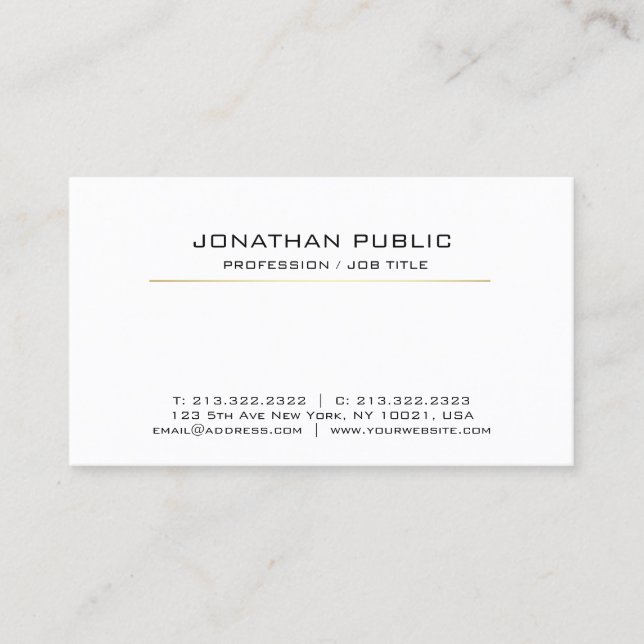 Professional White Gold Sleek Modern Elegant Plain Business Card (Front)