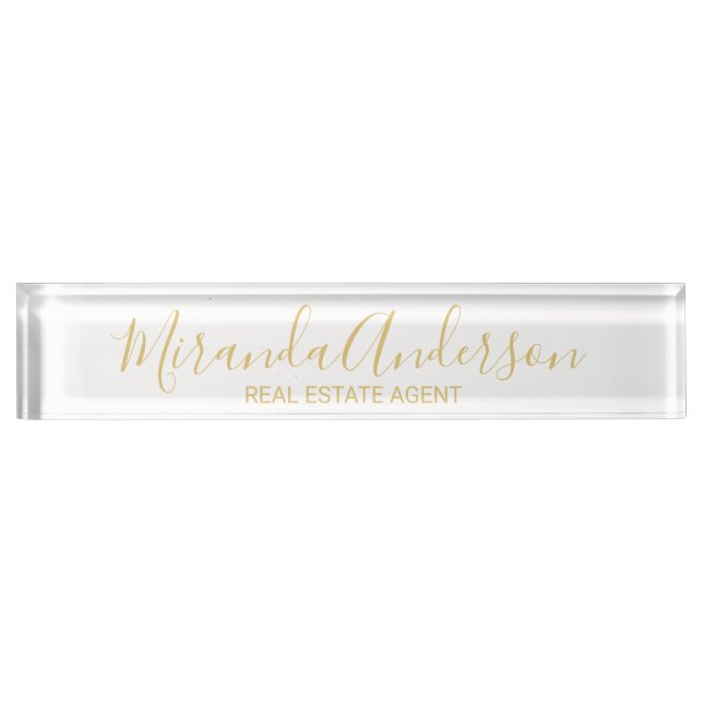 Professional White & Gold with Modern Script Name Name Plate (Front)