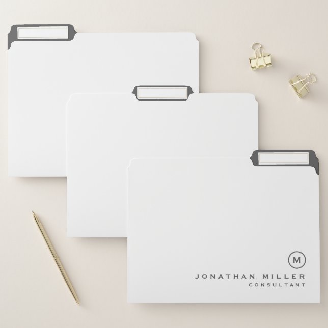Professional White & Gray | Monogram Name & Title File Folder (Set)