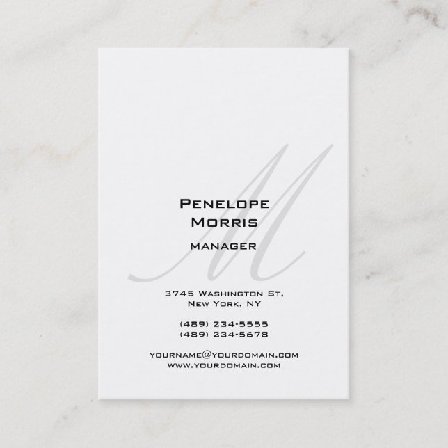 Professional White Gray Monogram Plain Modern Business Card (Front)