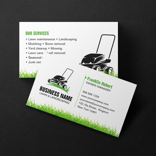 Professional White Green Lawn Care  Landscaping Business Card