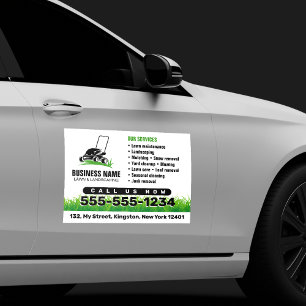 Professional White Green Lawn Care & Landscaping Car Magnet
