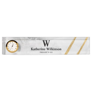 Professional White Marble Gold Monogram Desk Name Plate