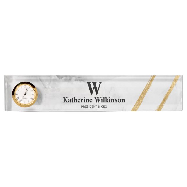 Professional White Marble Gold Monogram Desk Name Plate (Front)