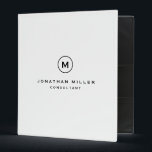 Professional White Monogram Initial Name & Title 3 Ring Binder<br><div class="desc">Modern professional binder features a minimal design in a simple white color palette with black accents. Custom name and title centered in a presented in a stylish simple font with a complimentary minimal monogram medallion. Shown with a custom name and monogram initial on the front in modern typography, this personalized...</div>