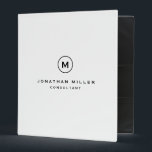 Professional White Monogram Initial Name & Title 3 Ring Binder<br><div class="desc">Modern professional binder features a minimal design in a simple white color palette with black accents. Custom name and title centered in a presented in a stylish simple font with a complimentary minimal monogram medallion. Shown with a custom name and monogram initial on the front in modern typography, this personalized...</div>