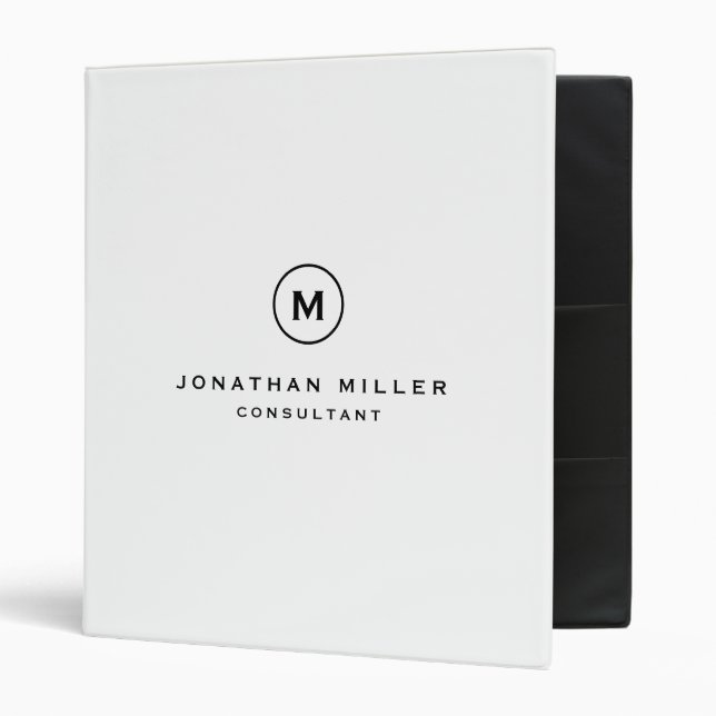 Professional White Monogram Initial Name & Title 3 Ring Binder (Front/Inside)