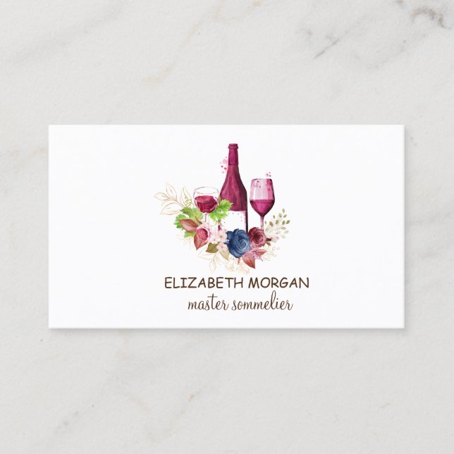 Professional Wine Glass,Bottle,Burgundy Flowers Business Card (Front)