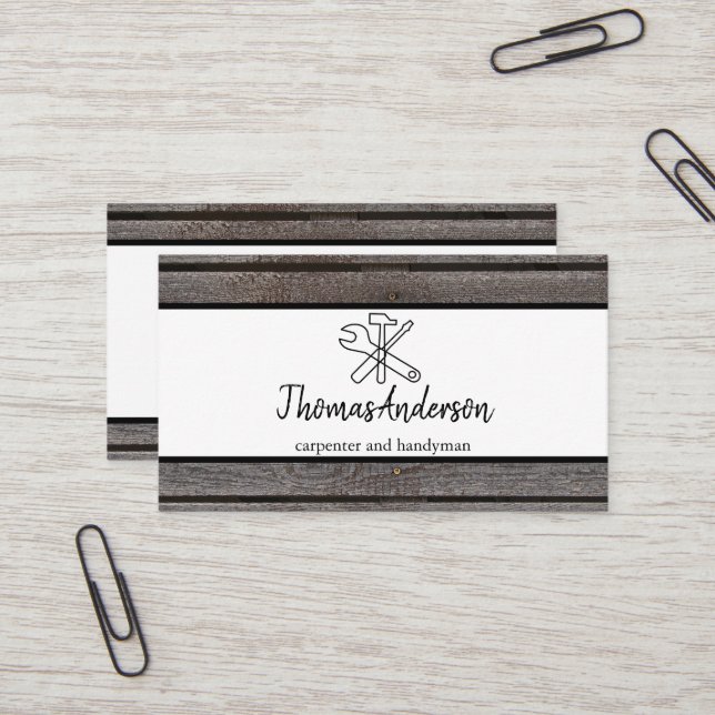 Professional Wood Grain Rustic Carpentry Business Card (Front/Back In Situ)