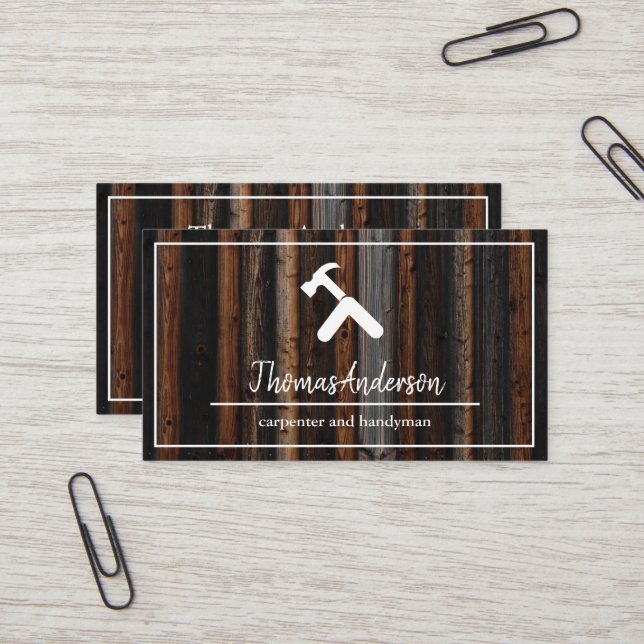 Professional Wood Grain Rustic Carpentry Business Card (Front/Back In Situ)