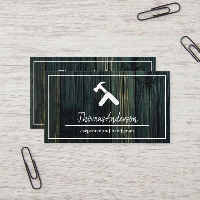 Professional Wood Grain Rustic Carpentry Business Card (Front/Back In Situ)