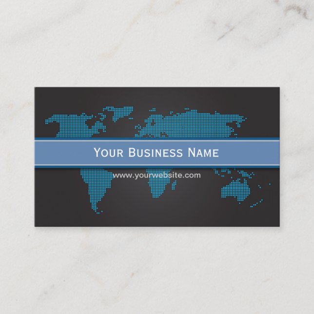 Professional World Map Black & Blue Business Card (Front)