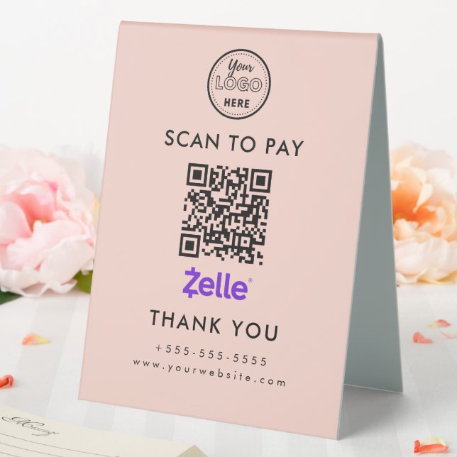 Professional Zelle QR Code Scan to Pay Logo Blush Table Tent (In SItu (Wedding))