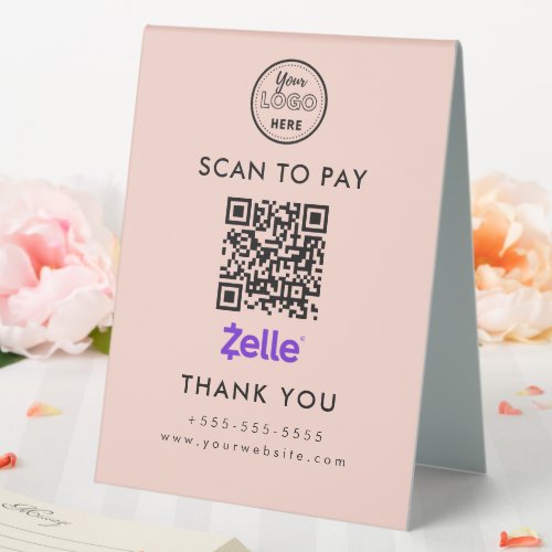 Professional Zelle QR Code Scan to Pay Logo Blush Table Tent Sign
