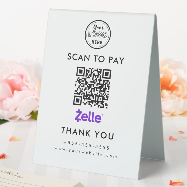 Professional Zelle QR Code Scan to Pay Logo White Table Tent (In SItu (Wedding))