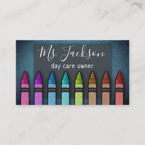 Professor Preschool Teacher Glitter Rainbow Crayon Business Card
