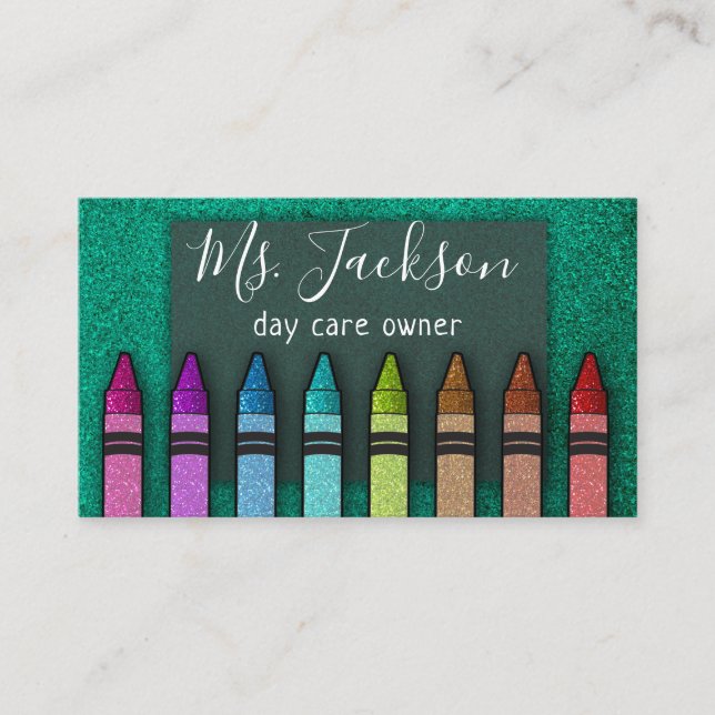 Professor Preschool Teacher Glitter Rainbow Crayon Business Card (Front)