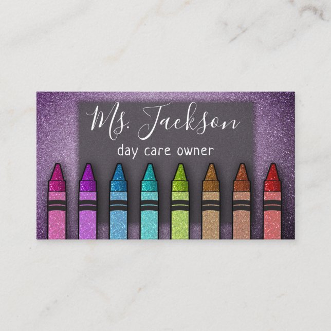 Professor Preschool Teacher Glitter Rainbow Crayon Business Card (Front)