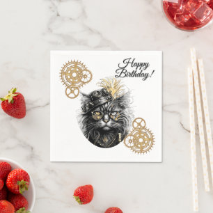 Professor Sprocket-Paws Steampunk Cat Happy B-Day Napkins