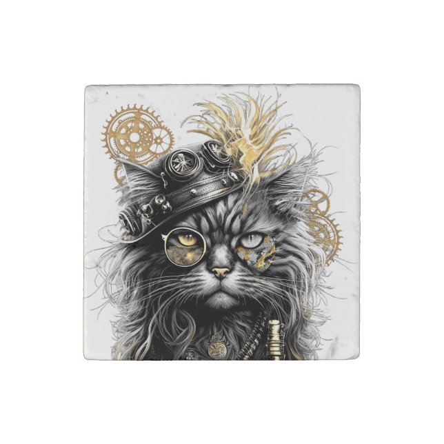 Professor Sprocket-Paws The Funky Steampunk Cat  Stone Magnet (Front)