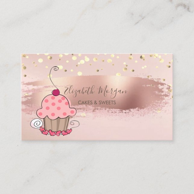 Professsional,Gold Confetti, Brush Stroke Cupcake Business Card (Front)