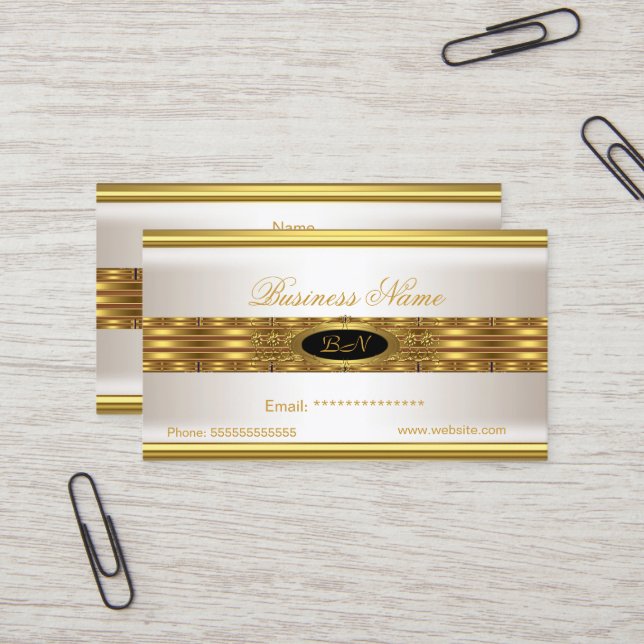 Profile Business Cream Gold Monogram Black Business Card (Front/Back In Situ)