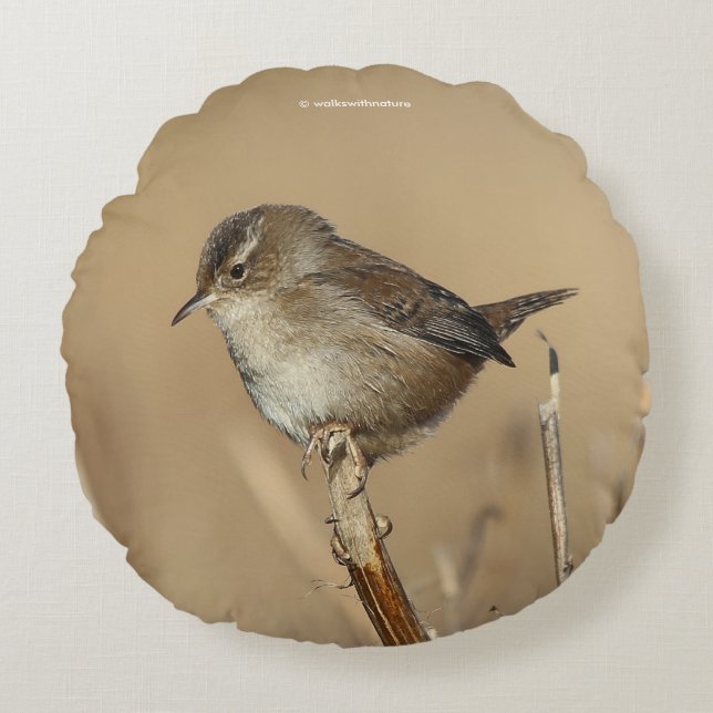 Profile of a Beautiful Marsh Wren Round Pillow (Front)