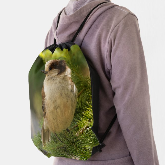 Profile of a Cute Grey Jay / Whiskeyjack Songbird Drawstring Bag (Insitu)