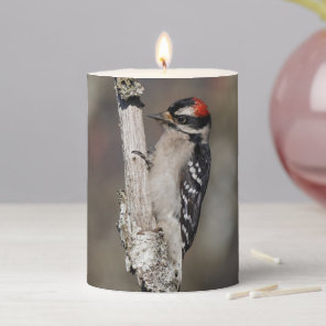 Profile of a Male Downy Woodpecker Pillar Candle