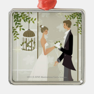 Profile of a man giving flowers to a woman metal ornament