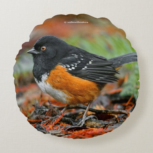 Profile of a Spotted Towhee Round Pillow (Front)