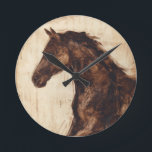 Profile of Brown Wild Horse Round Clock<br><div class="desc">The beauty of this dark horse is perfectly captured by two simple colors: brown and beige and the sharpness of the ink used in this painting makes it even more realistic. This contemporary fine art print representing a profile of a brown stallion will add character to any living room, dining...</div>