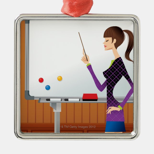 Profile of businesswoman pointing whiteboard metal ornament (Front)