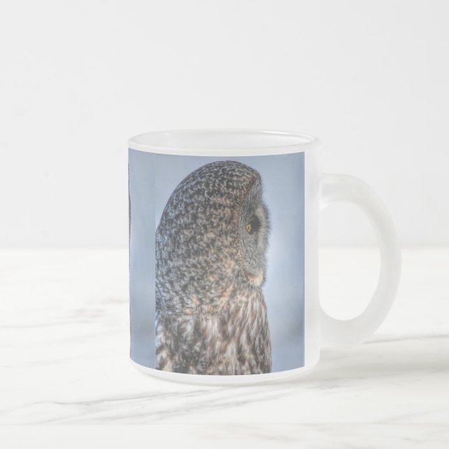 Profile of Great Gray Owl Wildlife Photo - Raptor Frosted Glass Coffee Mug (Right)