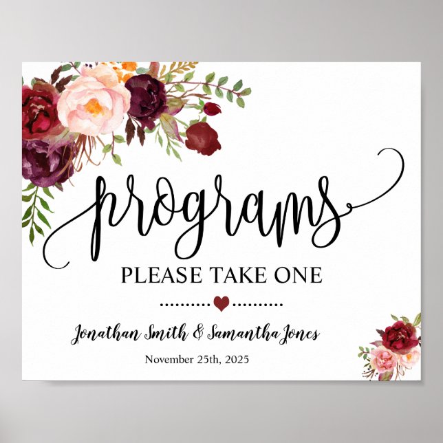 Progams sign wedding ceremony boho marsala floral (Front)
