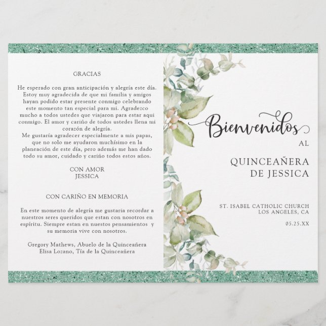 Programa de Quinceañera Verde con Hojas  (Front)