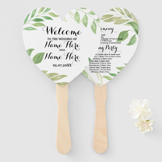 Programme Hand Fan Green  Foliage Leaves Wedding (Front and Back)