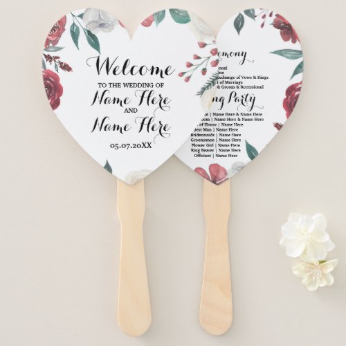 Programme Hand Fan Wedding Red Floral Foliage
